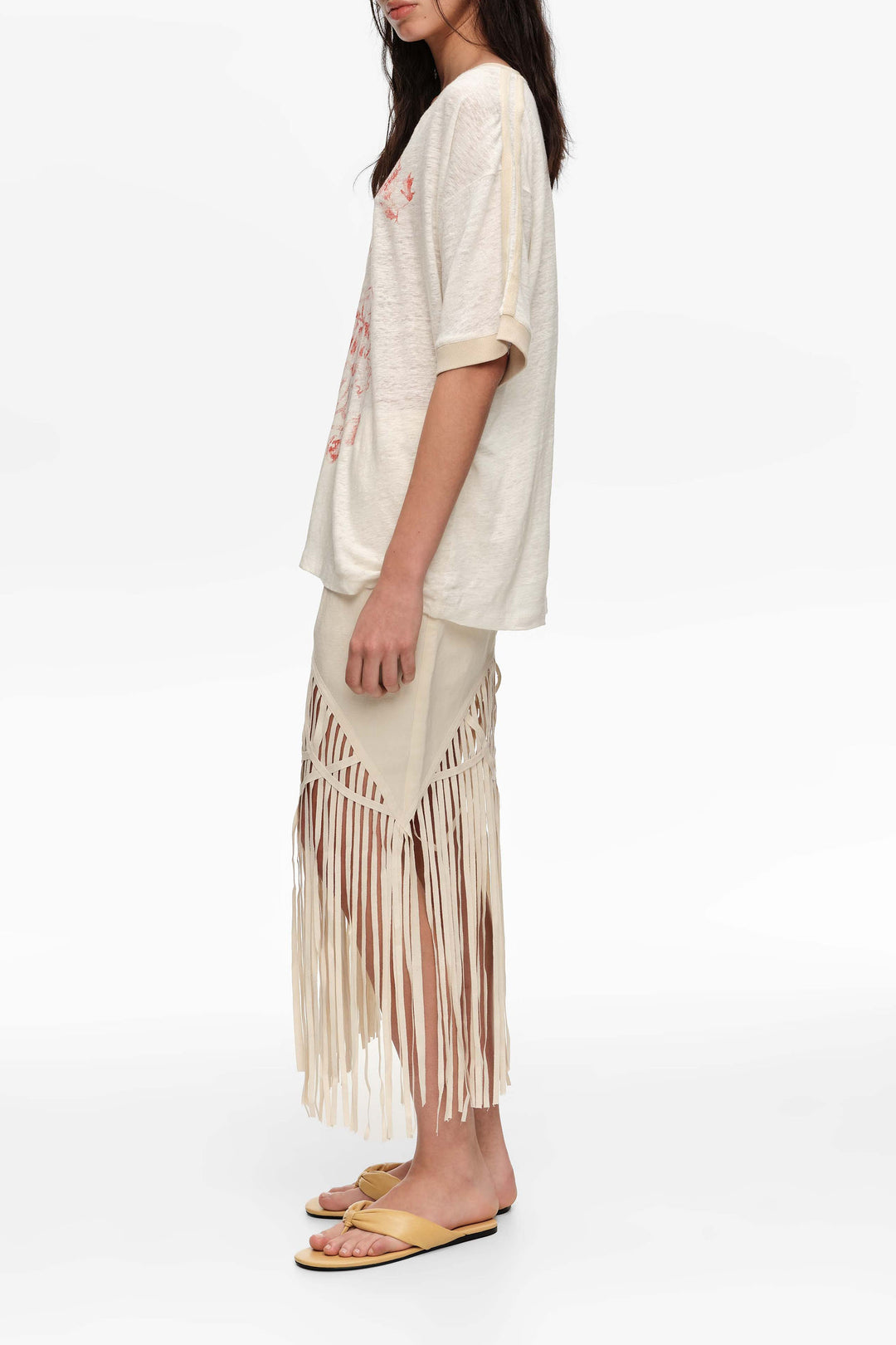 Sand irregular fringed linen skirt