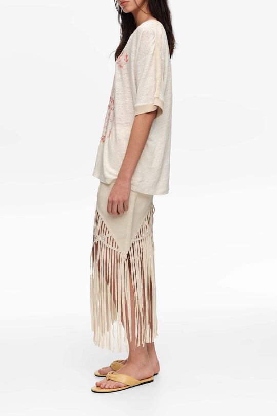 Sand irregular fringed linen skirt
