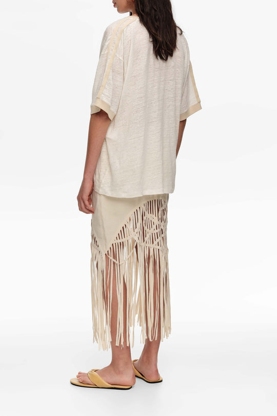 Sand irregular fringed linen skirt