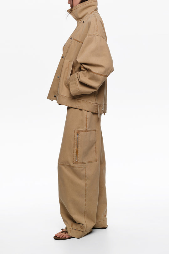 Camel cotton adjustable barrel trousers