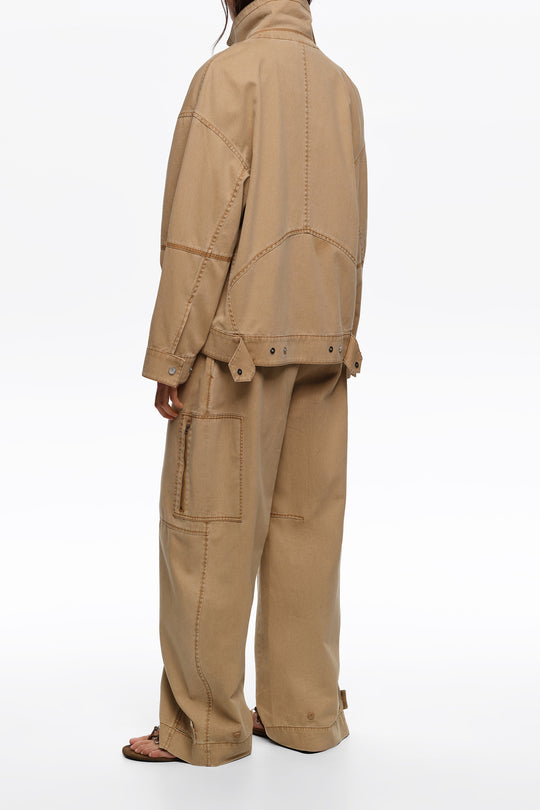 Camel cotton adjustable barrel trousers