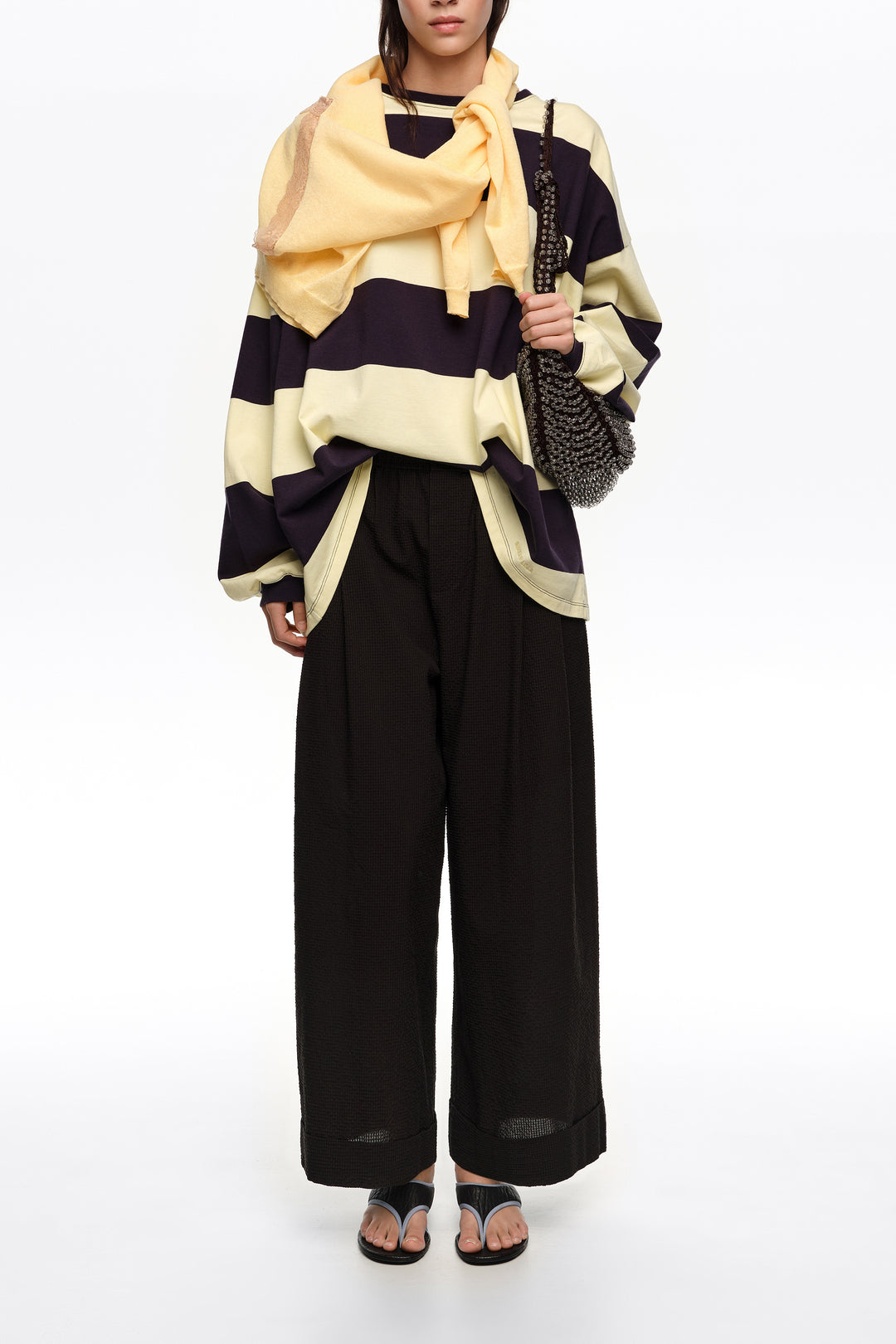Black textured bell-bottom trousers
