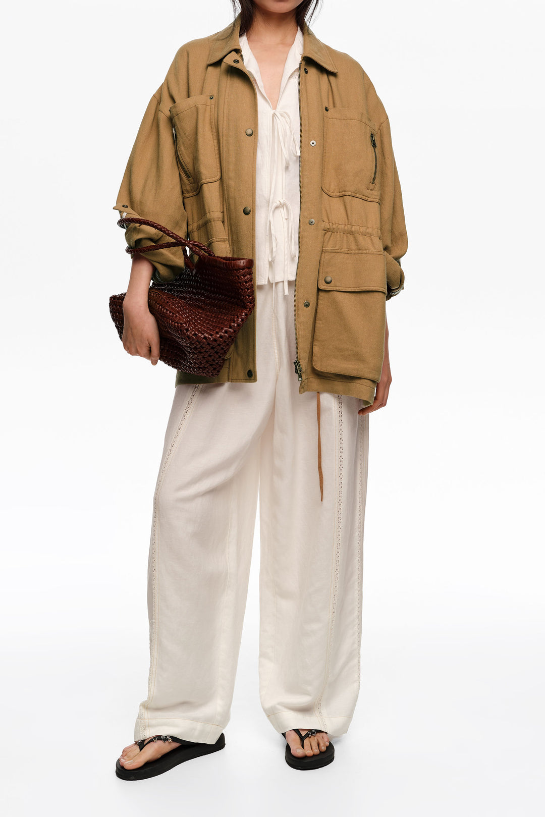Wide white linen lace trousers