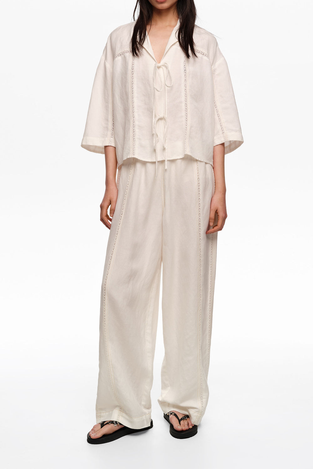 Wide white linen lace trousers