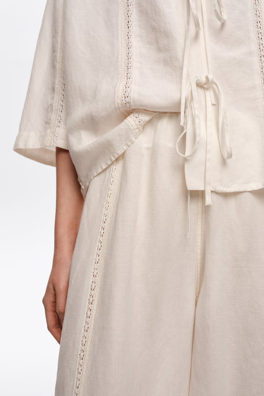 Wide white linen lace trousers