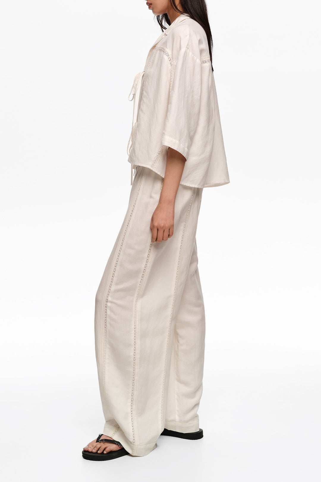 Wide white linen lace trousers