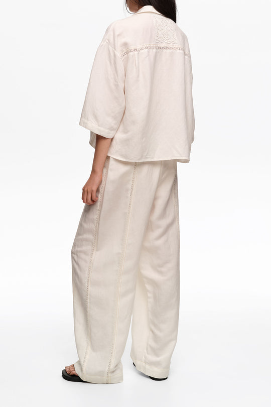 Wide white linen lace trousers