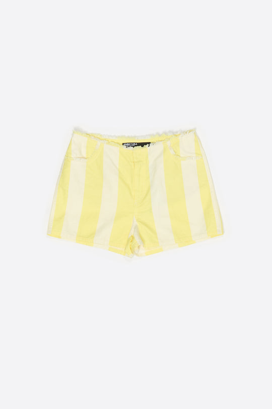 Light lime striped linen fitted shorts