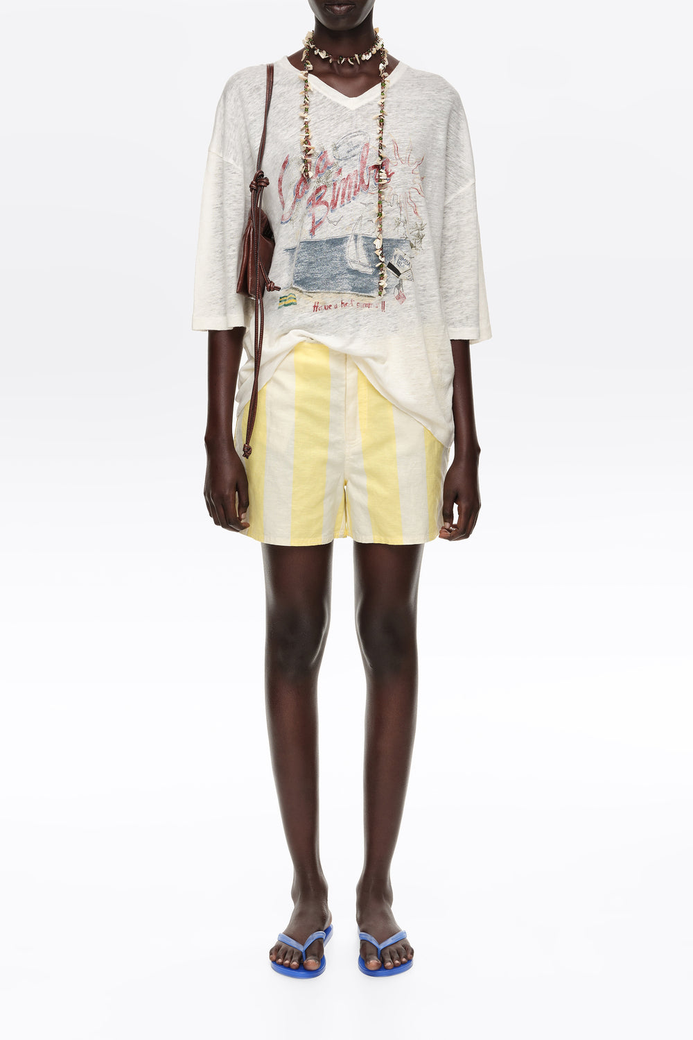 Light lime striped linen fitted shorts