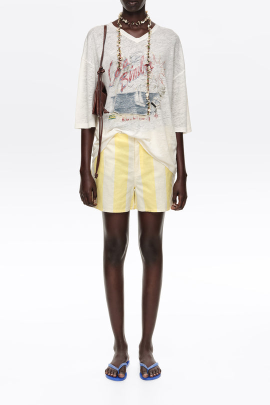Light lime striped linen fitted shorts