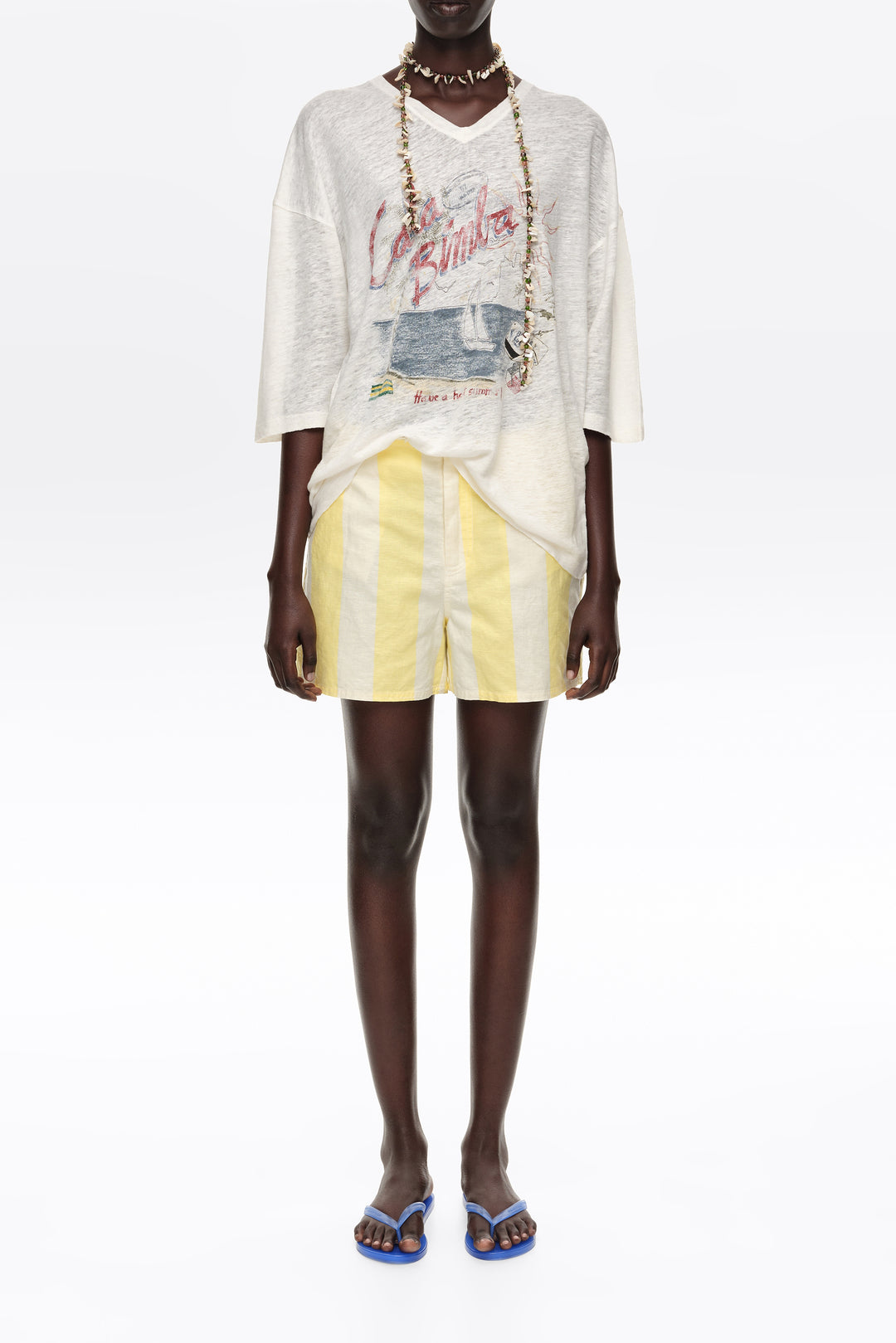 Light lime striped linen fitted shorts
