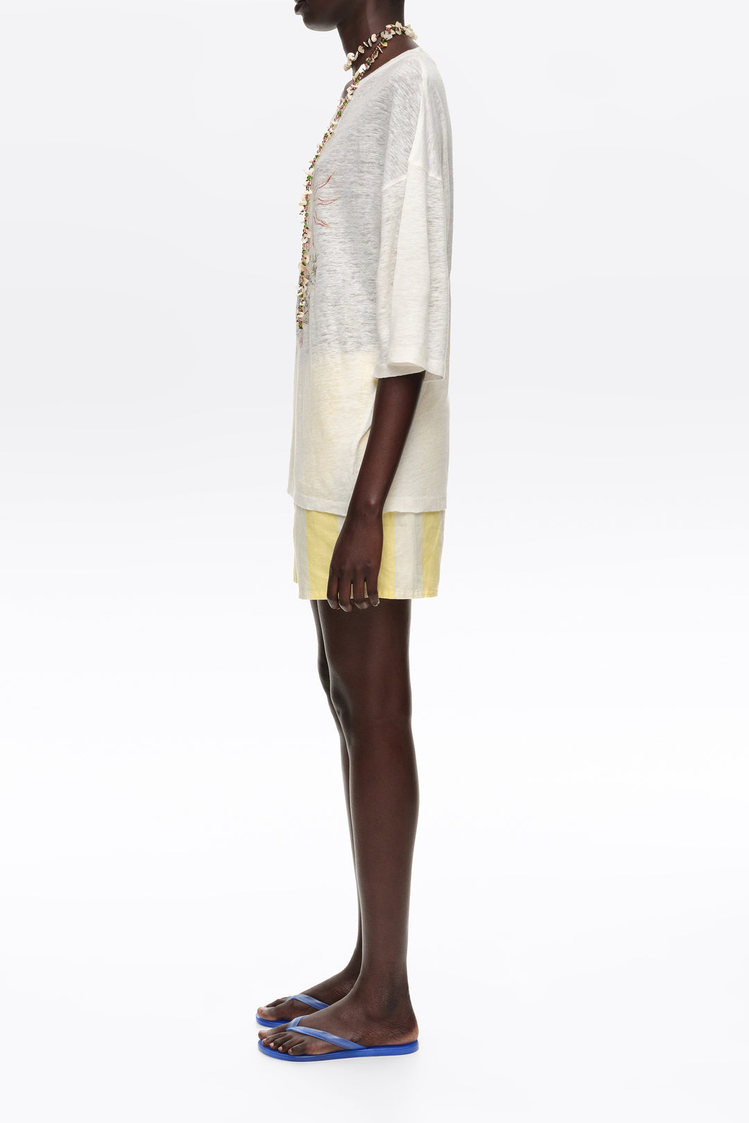Light lime striped linen fitted shorts