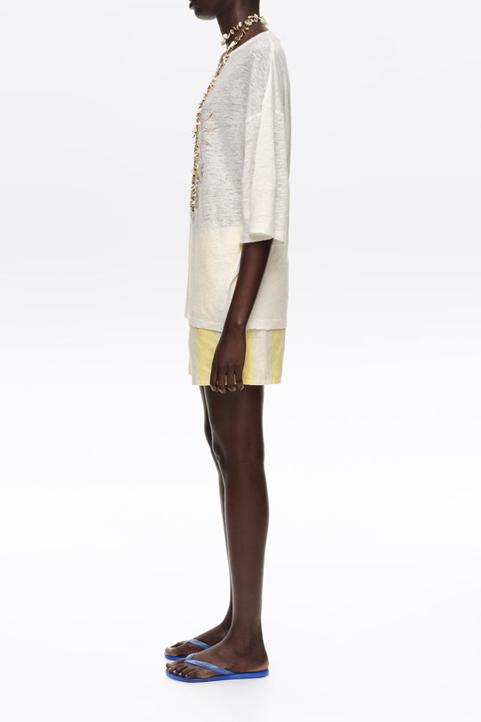 Light lime striped linen fitted shorts