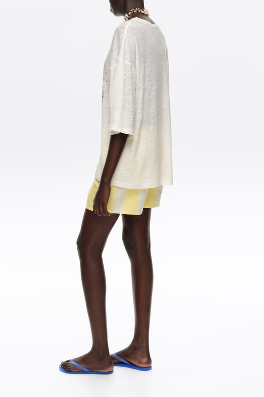 Light lime striped linen fitted shorts
