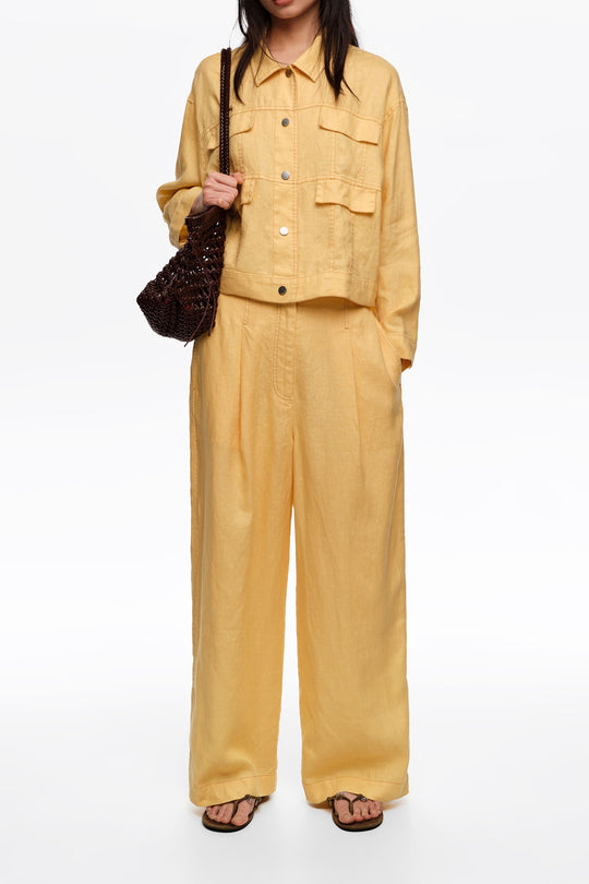 Yellow linen darted straight-fit trousers