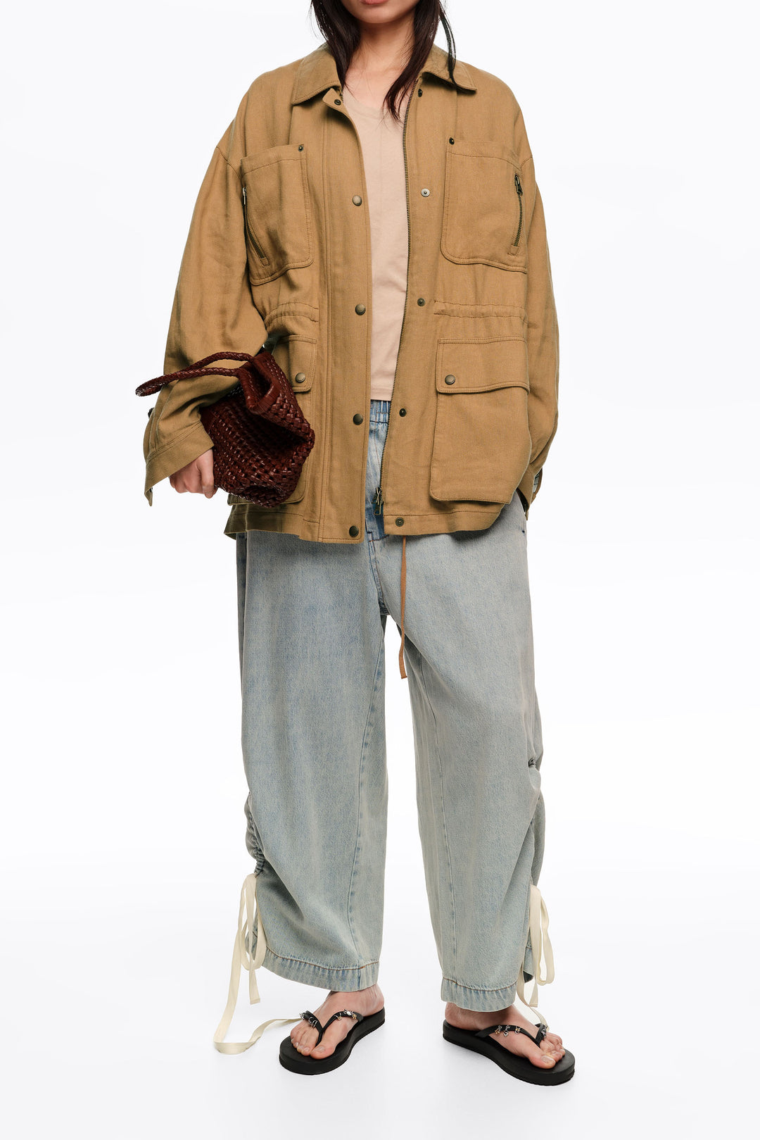 Light blue denim joggers with gathering