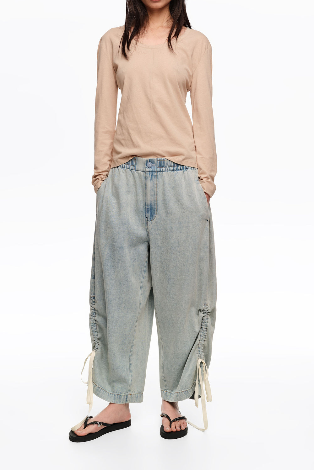 Light blue denim joggers with gathering