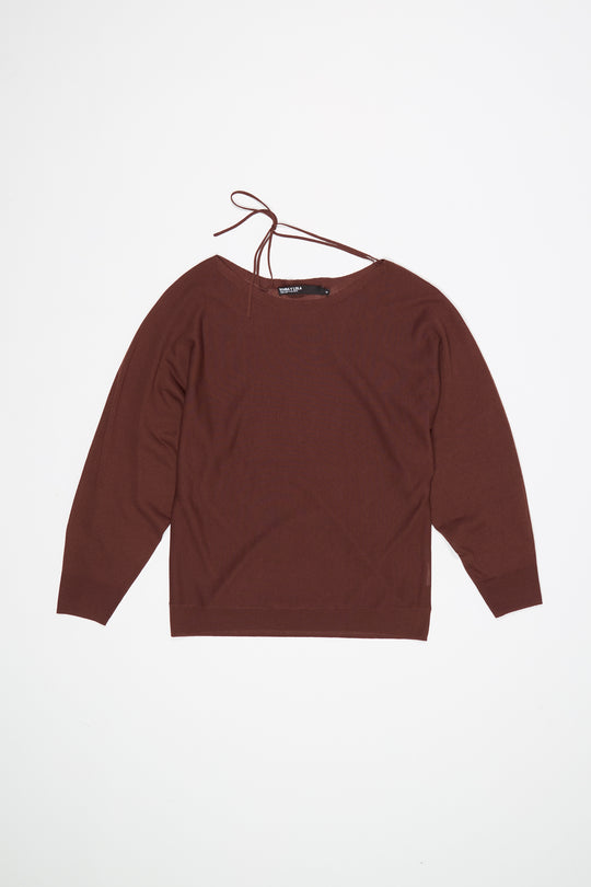 Brown boat neckline crossover ties sweater