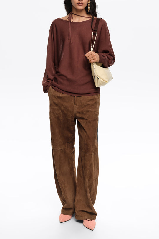Brown boat neckline crossover ties sweater