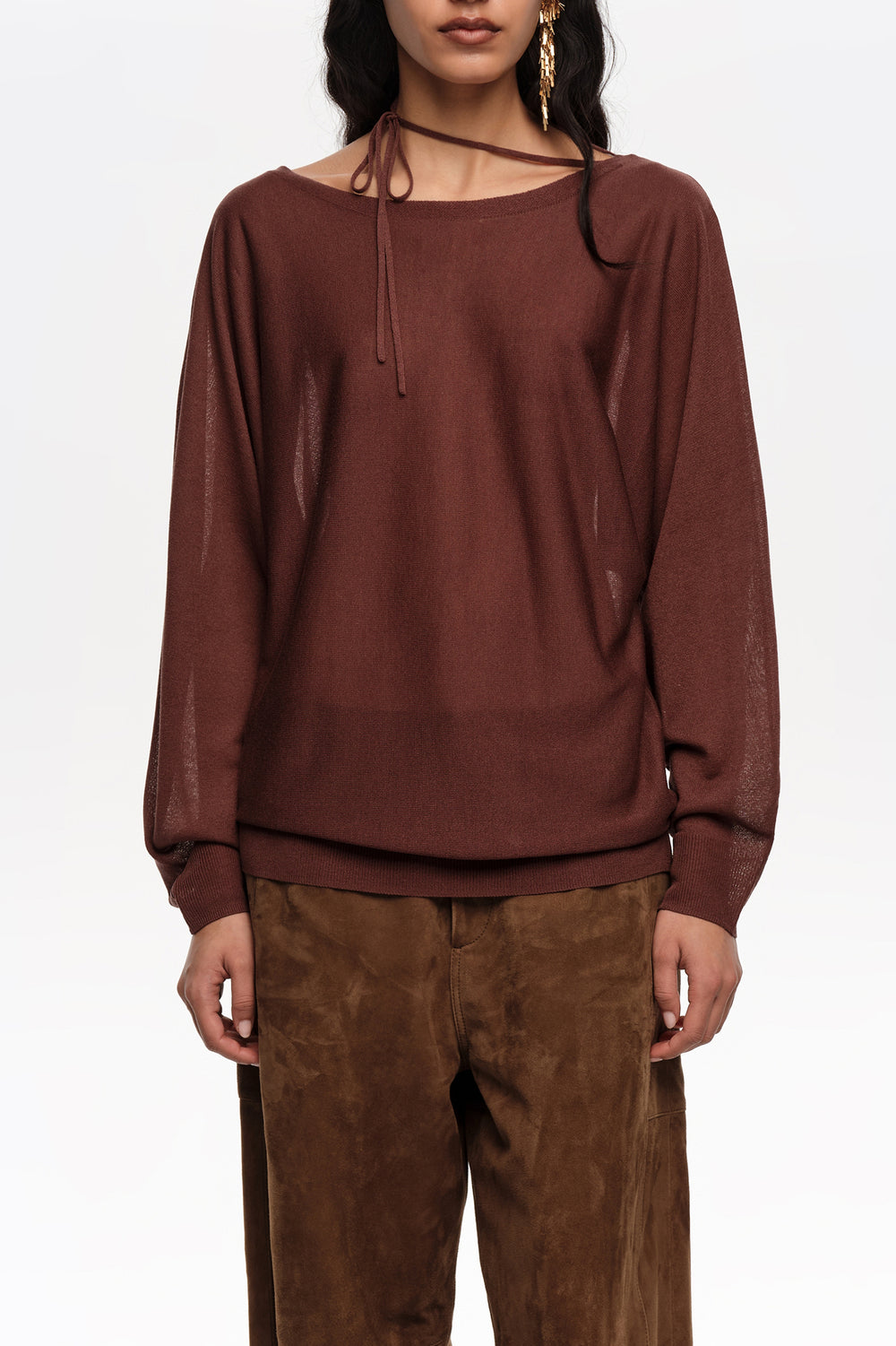 Brown boat neckline crossover ties sweater