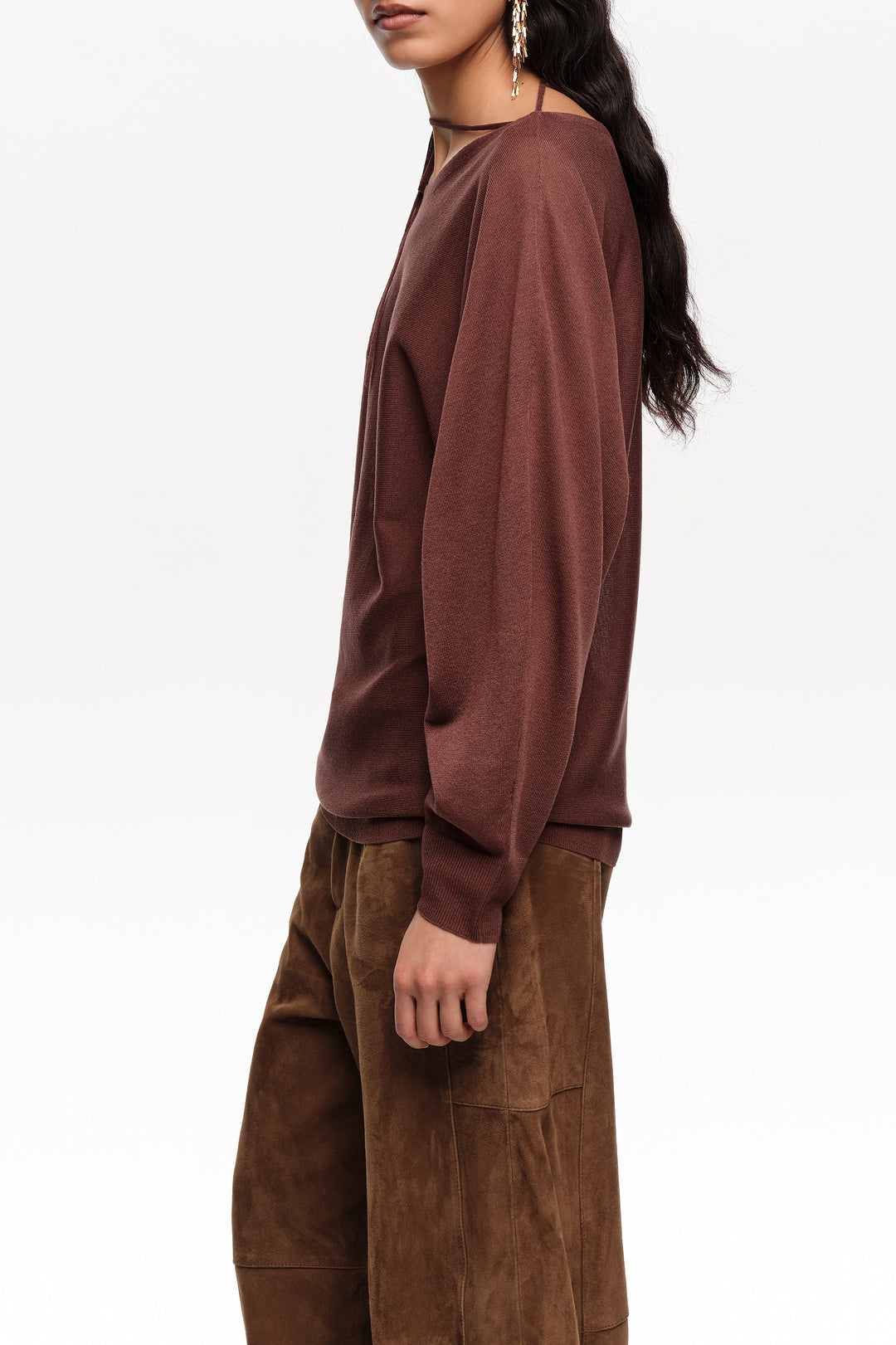 Brown boat neckline crossover ties sweater