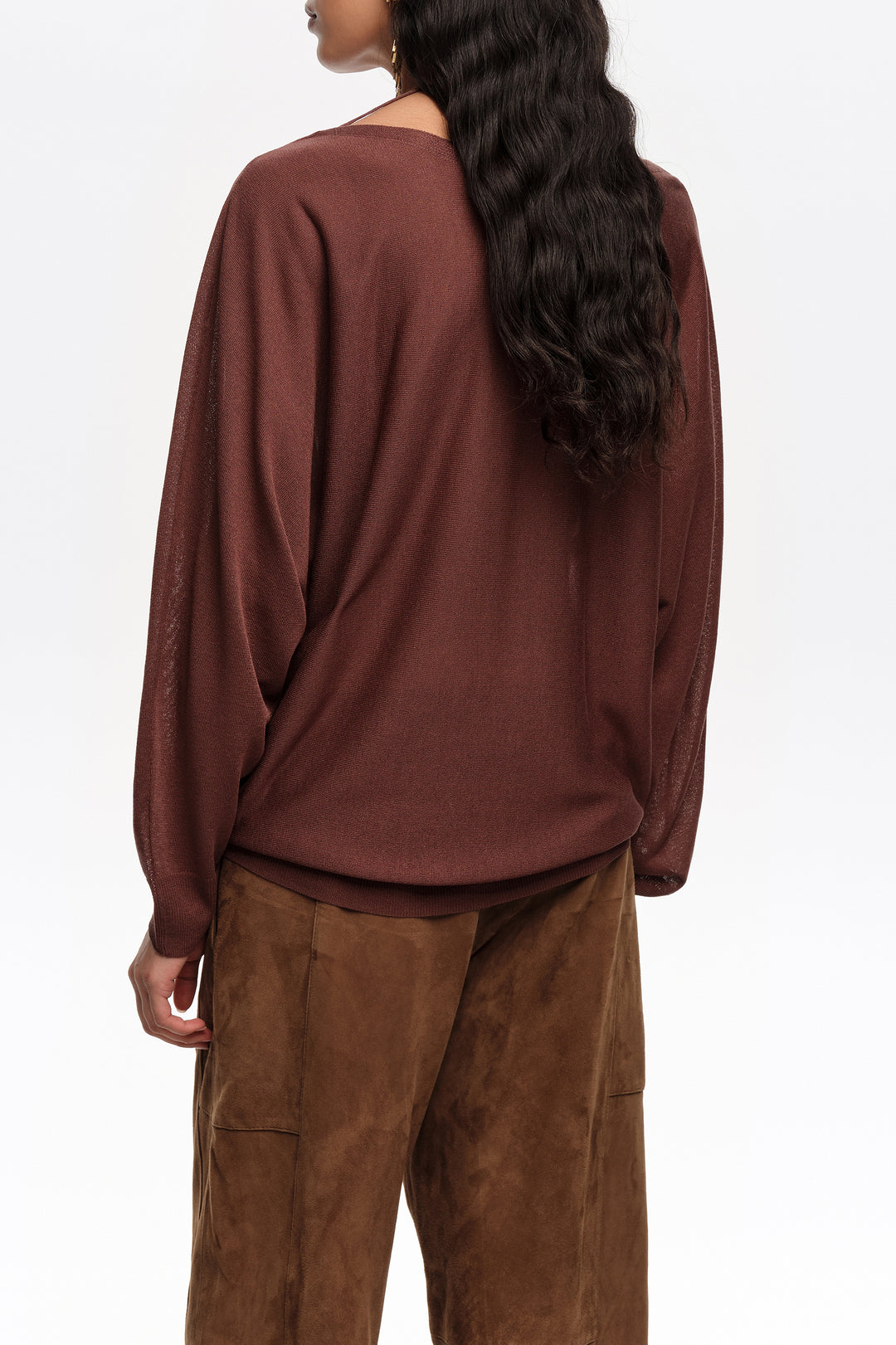 Brown boat neckline crossover ties sweater