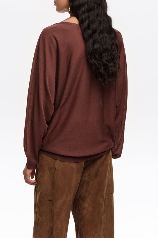 Brown boat neckline crossover ties sweater
