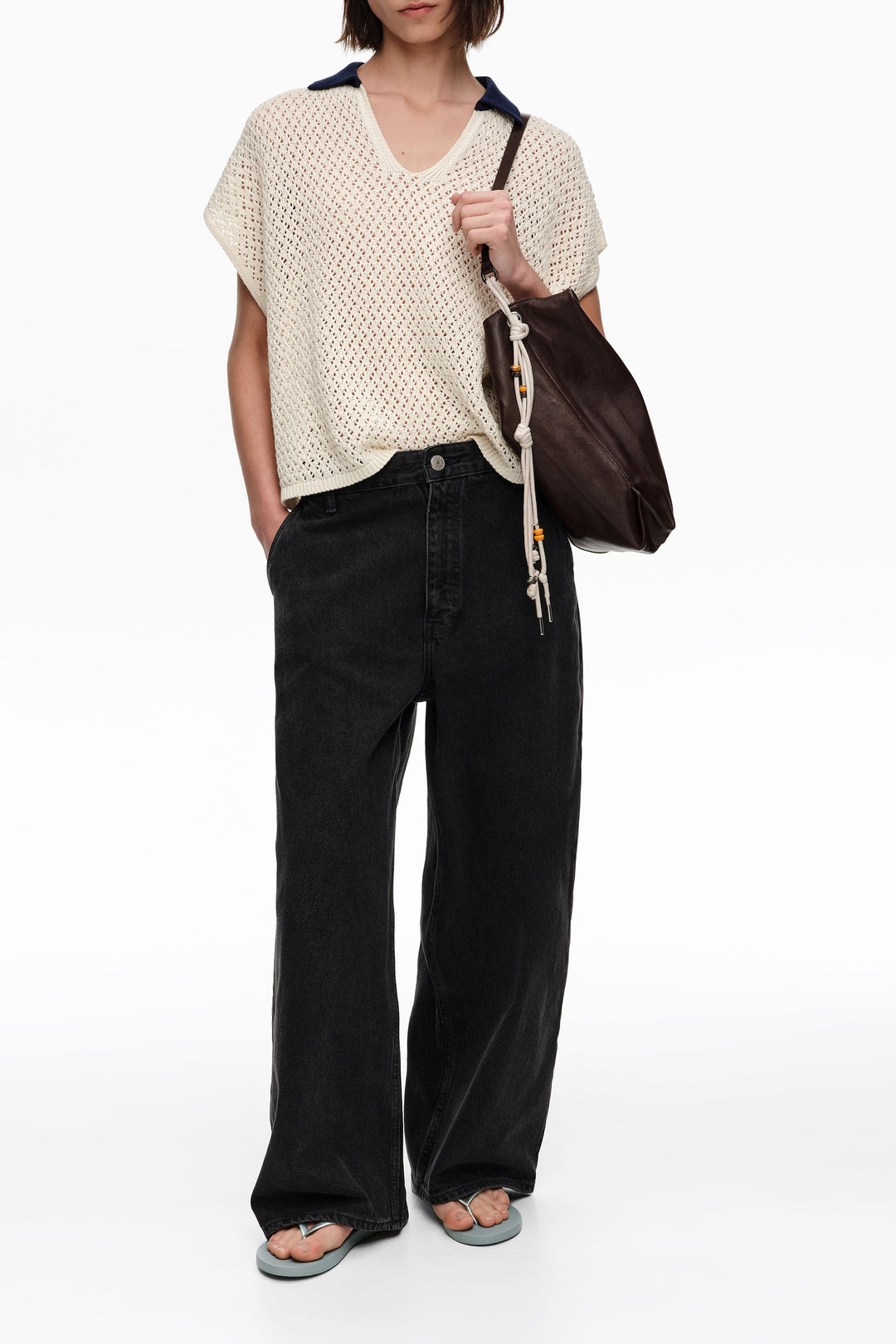 Ivory openwork cotton polo shirt sweater