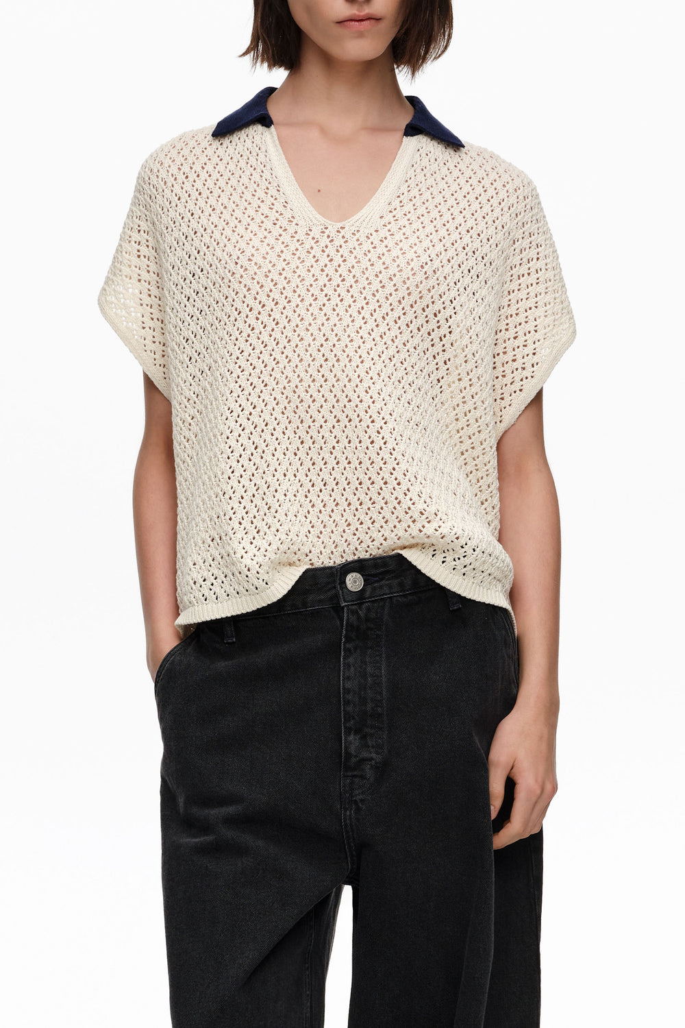 Ivory openwork cotton polo shirt sweater