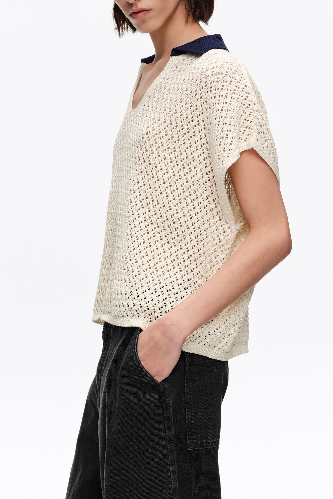 Ivory openwork cotton polo shirt sweater