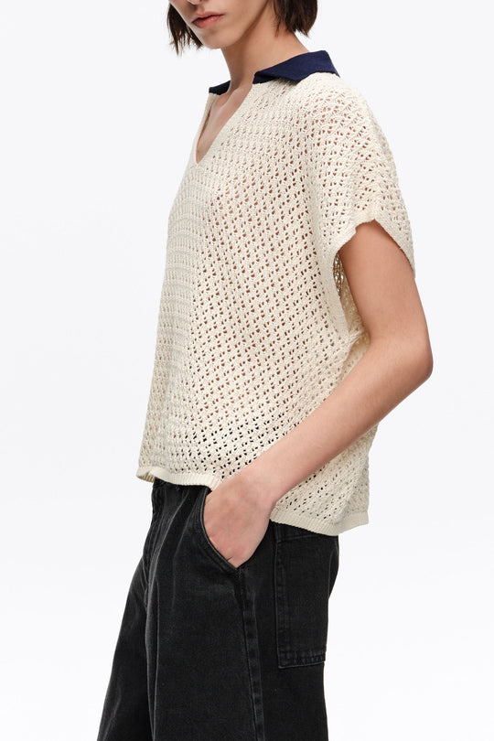 Ivory openwork cotton polo shirt sweater