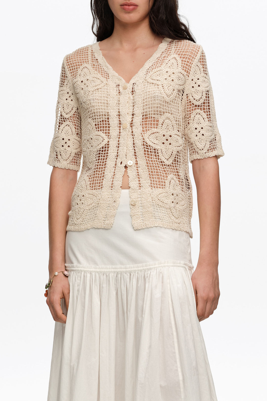 Sand openwork knit cardigan