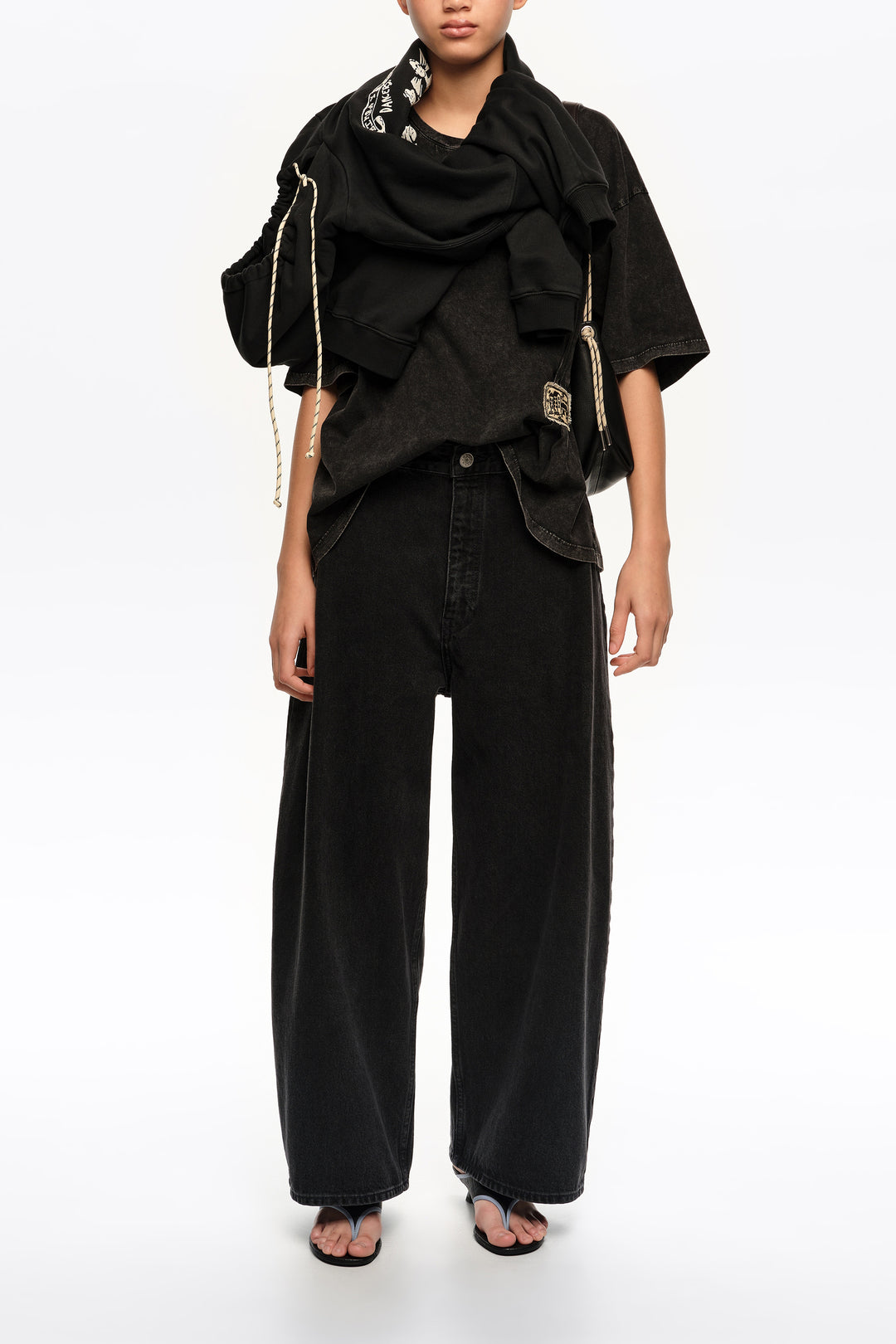 Faded black ruched T-shirt with custom label