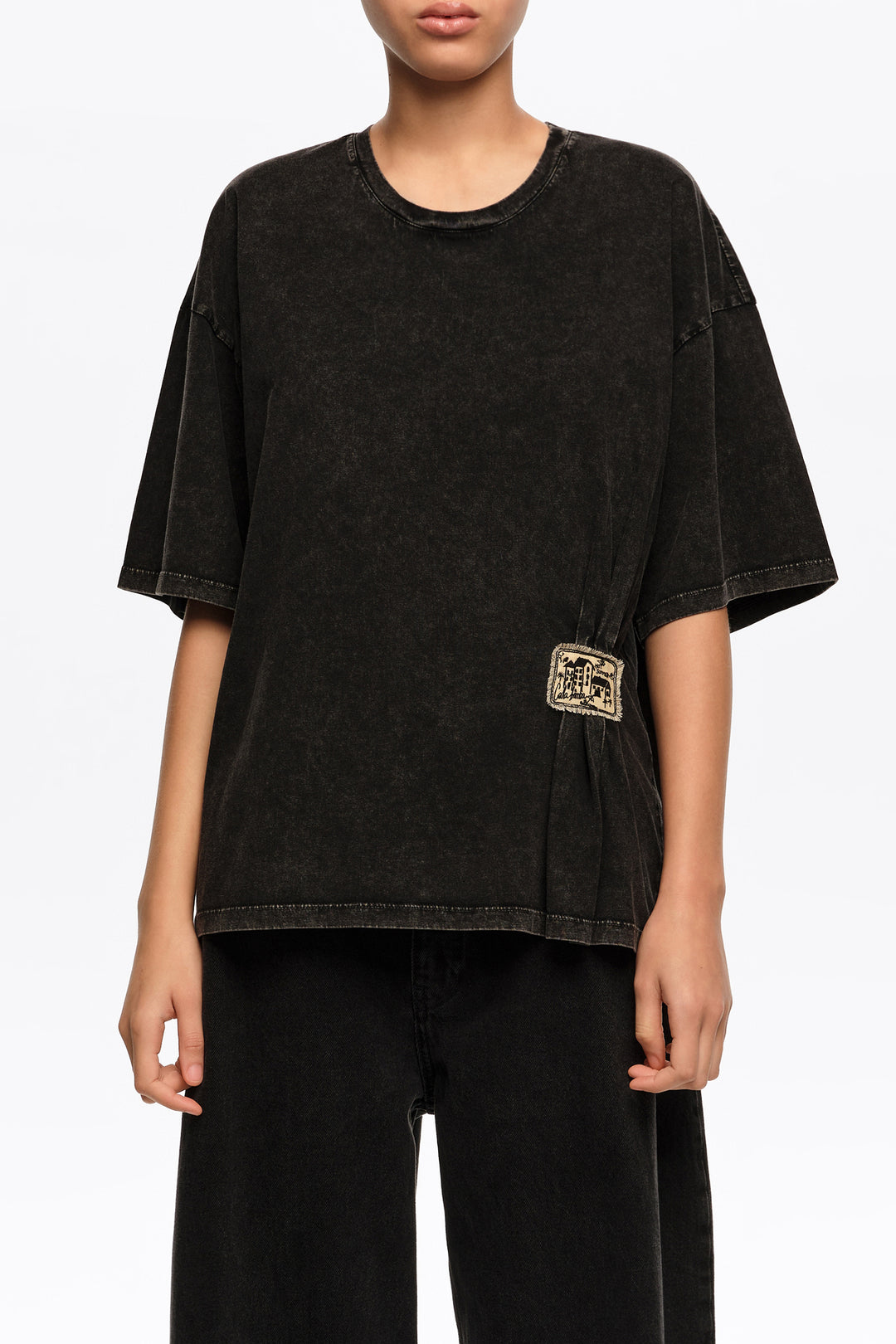 Faded black ruched T-shirt with custom label