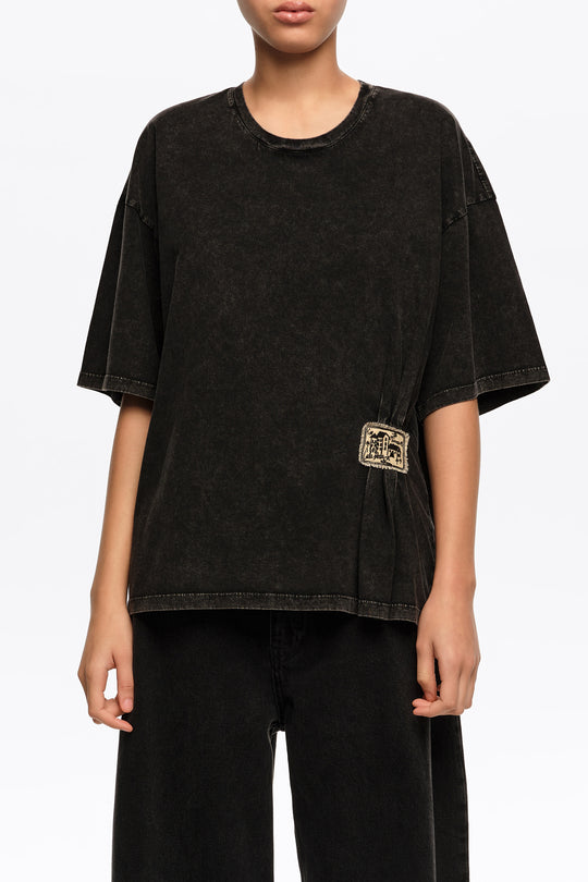 Faded black ruched T-shirt with custom label