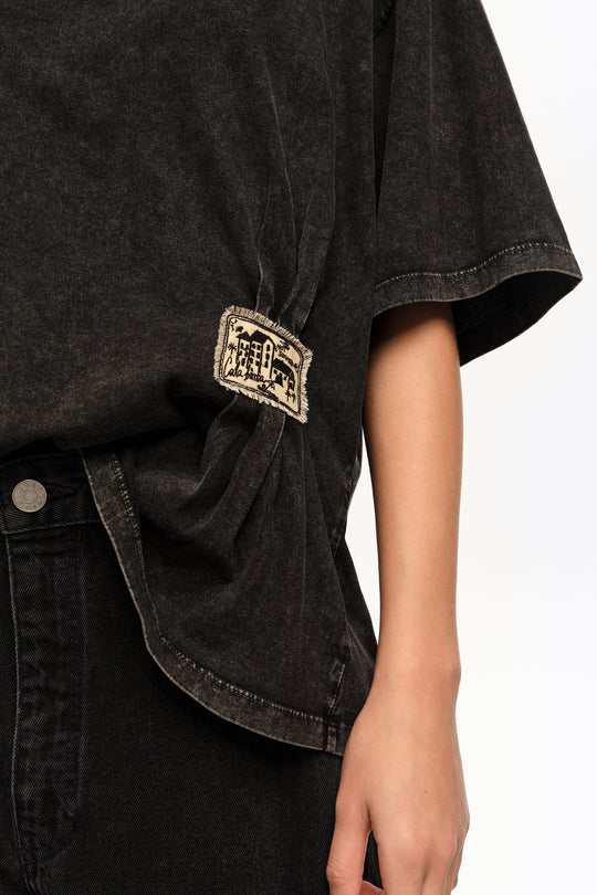 Faded black ruched T-shirt with custom label