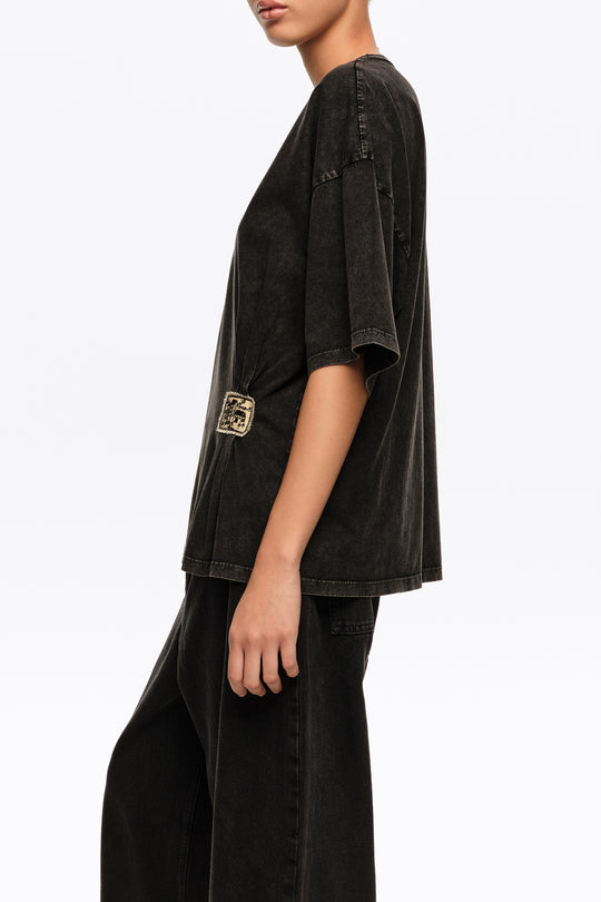 Faded black ruched T-shirt with custom label