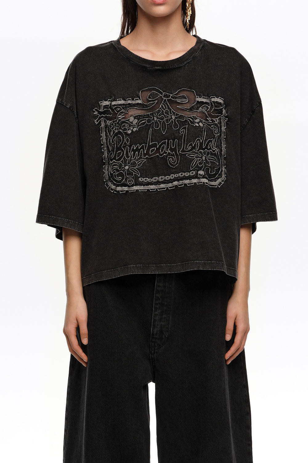 Faded black maxi broderie anglaise logo T-shirt