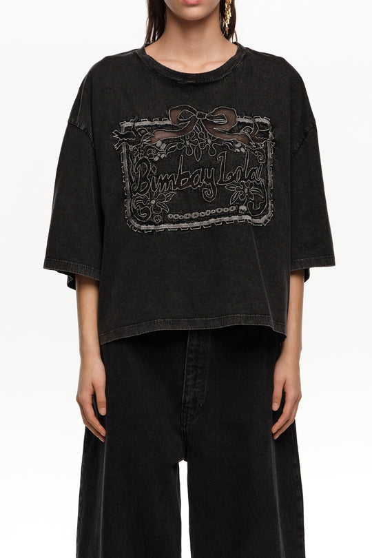 Faded black maxi broderie anglaise logo T-shirt
