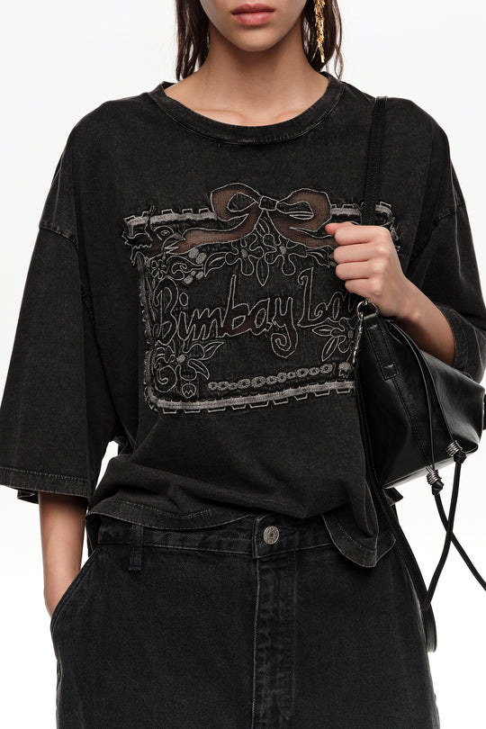 Faded black maxi broderie anglaise logo T-shirt