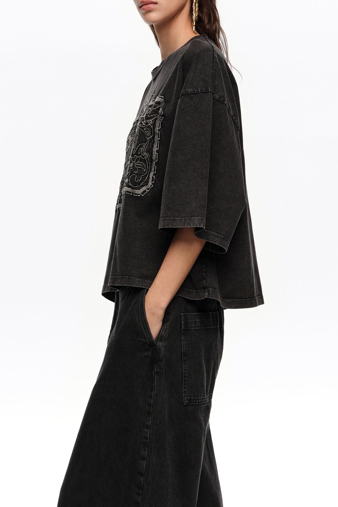 Faded black maxi broderie anglaise logo T-shirt