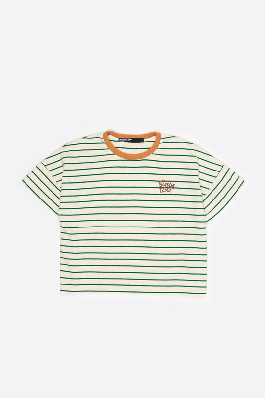 Green striped contrast piping T-shirt