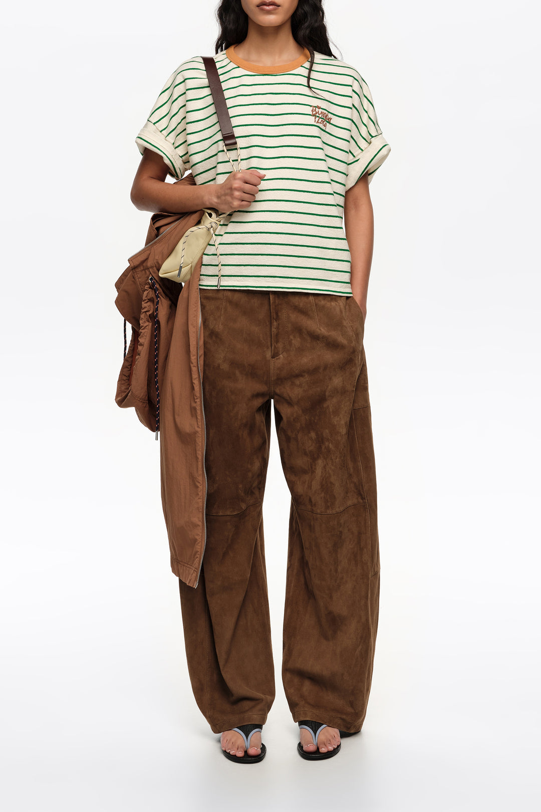 Green striped contrast piping T-shirt