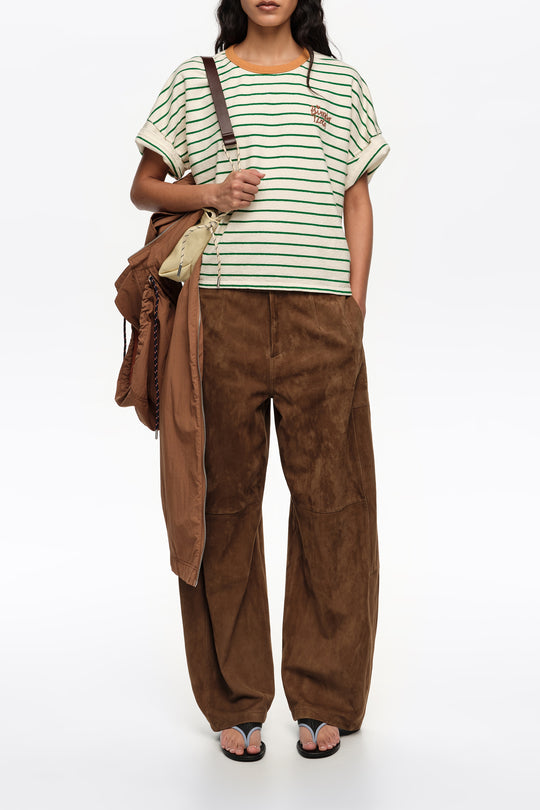 Green striped contrast piping T-shirt