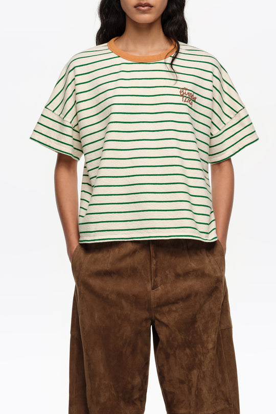 Green striped contrast piping T-shirt