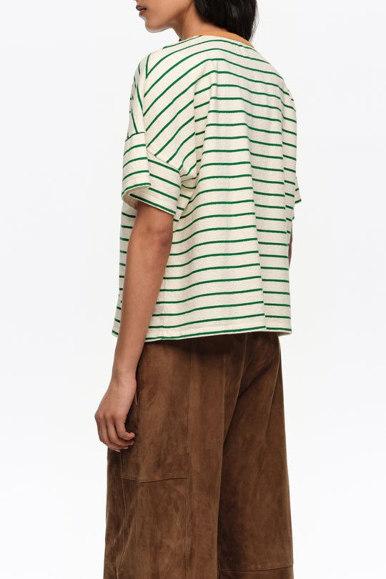 Green striped contrast piping T-shirt
