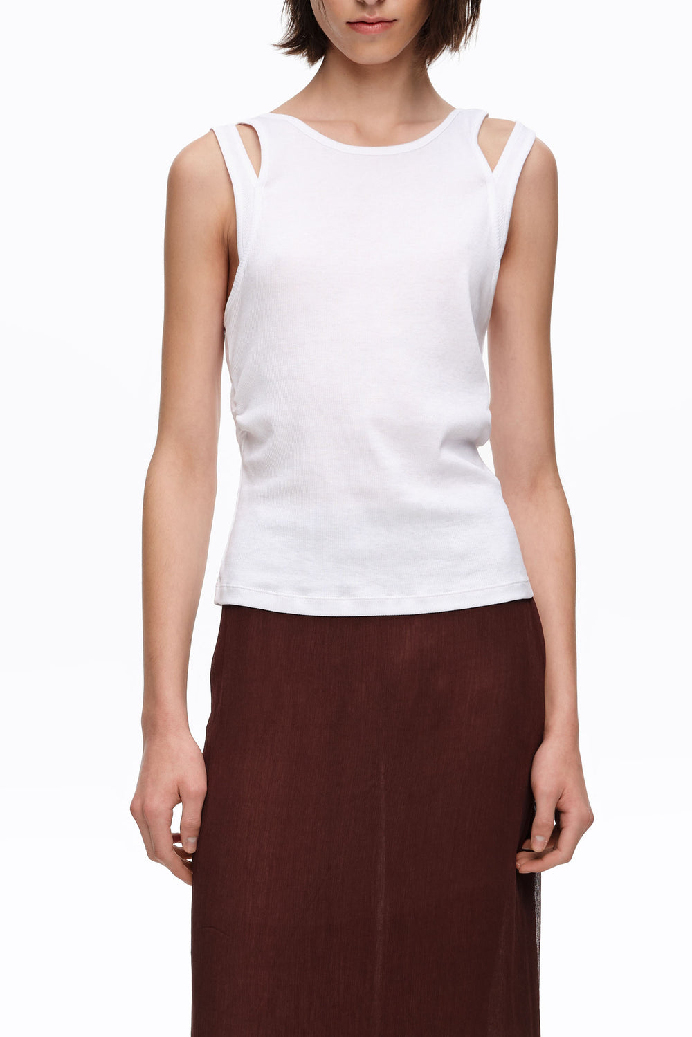 White ribbed top with overlapping cross back
