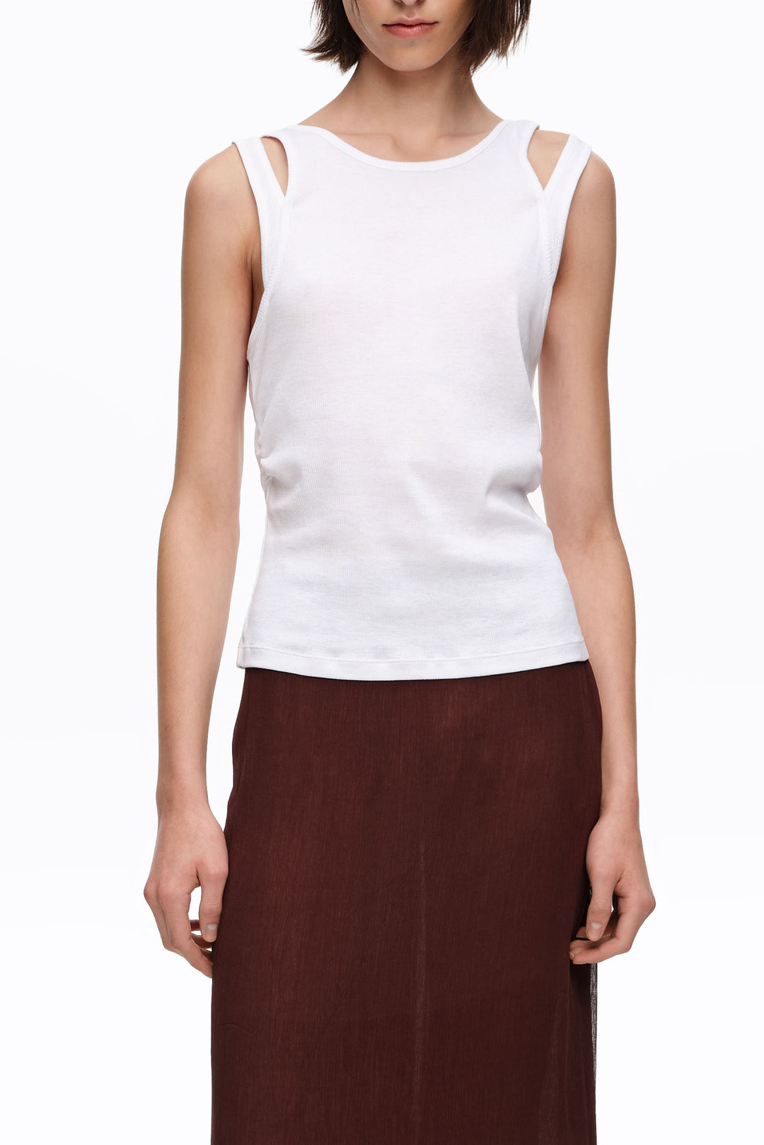 White ribbed top with overlapping cross back