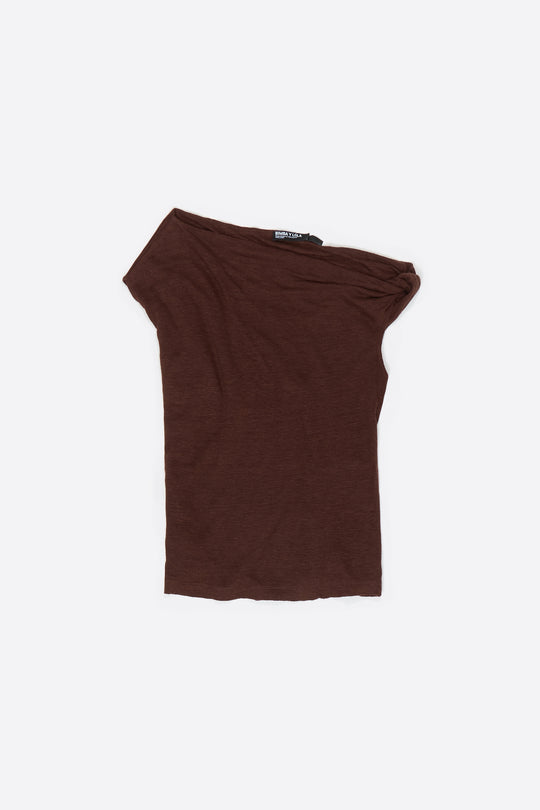 Brown linen knot-neckline top