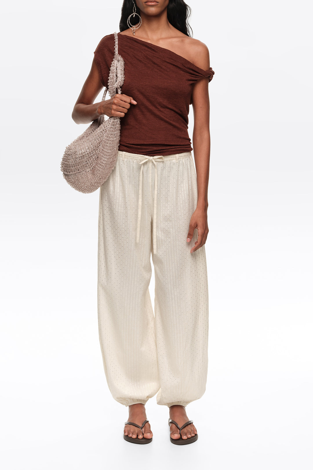 Brown linen knot-neckline top